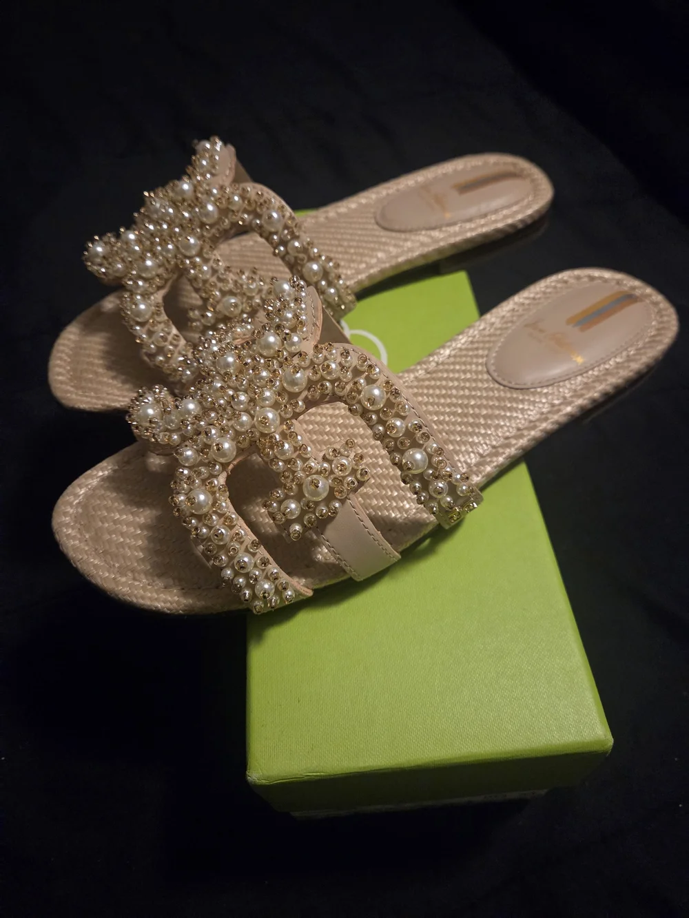 Sam Edelman Gold Pearl & Crystal Embellished Slide Sandals